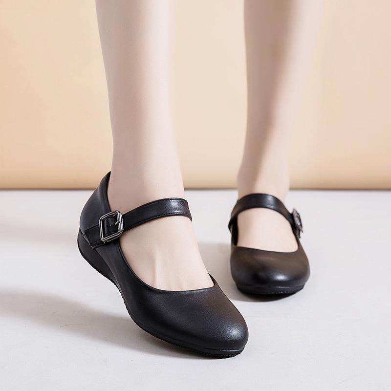 正品一字扣院圆头白色护士鞋容女软底船鞋平底女鞋牛筋皮底鞋美工