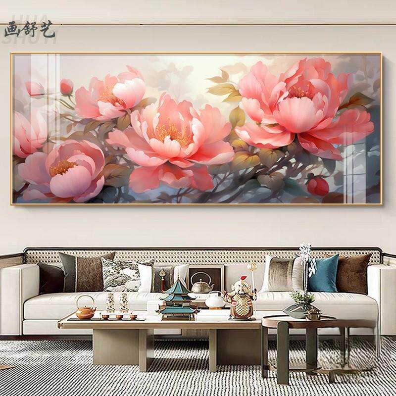 新中式客厅装饰画花开富贵牡丹花高档晶瓷挂画大气沙发背景墙壁画