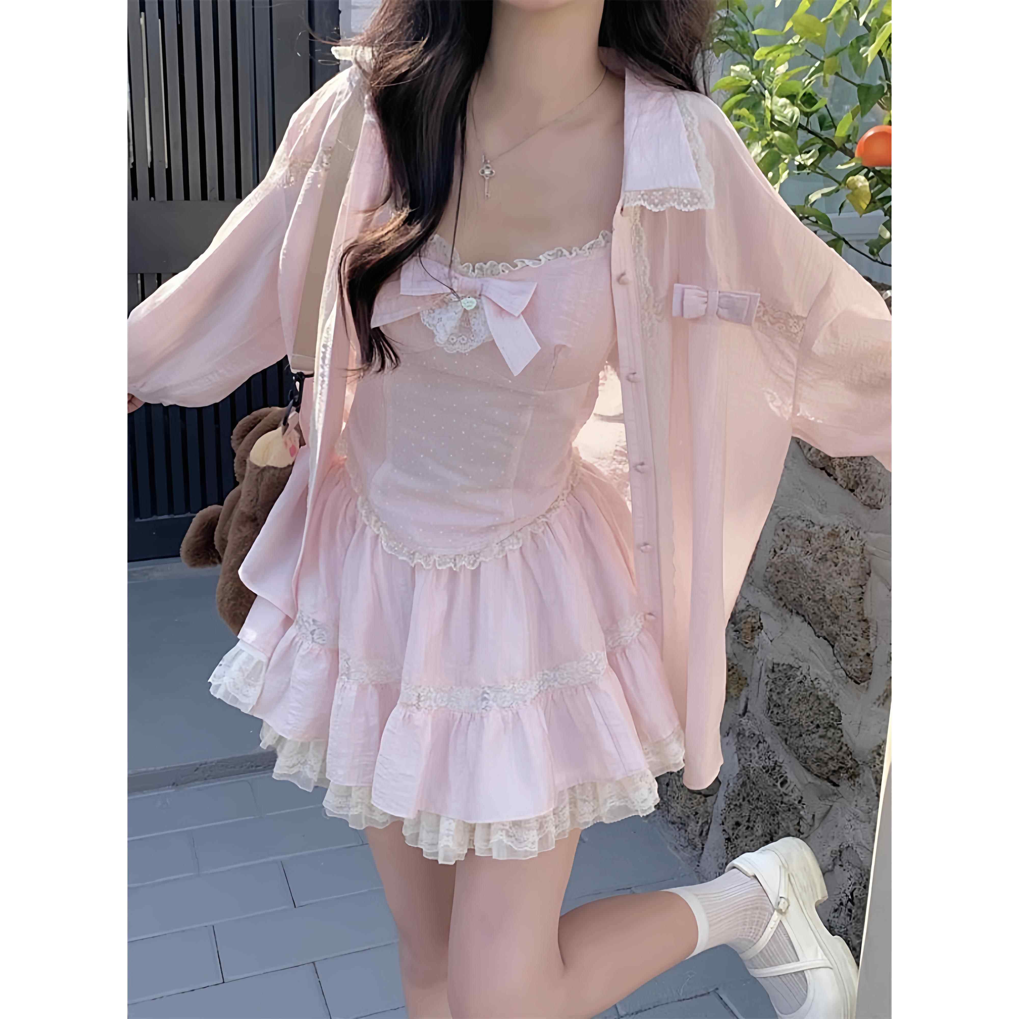 纯欲风甜美辣妹粉色套装裙女2025秋季韩系长袖衬衫吊带+蛋糕裙子