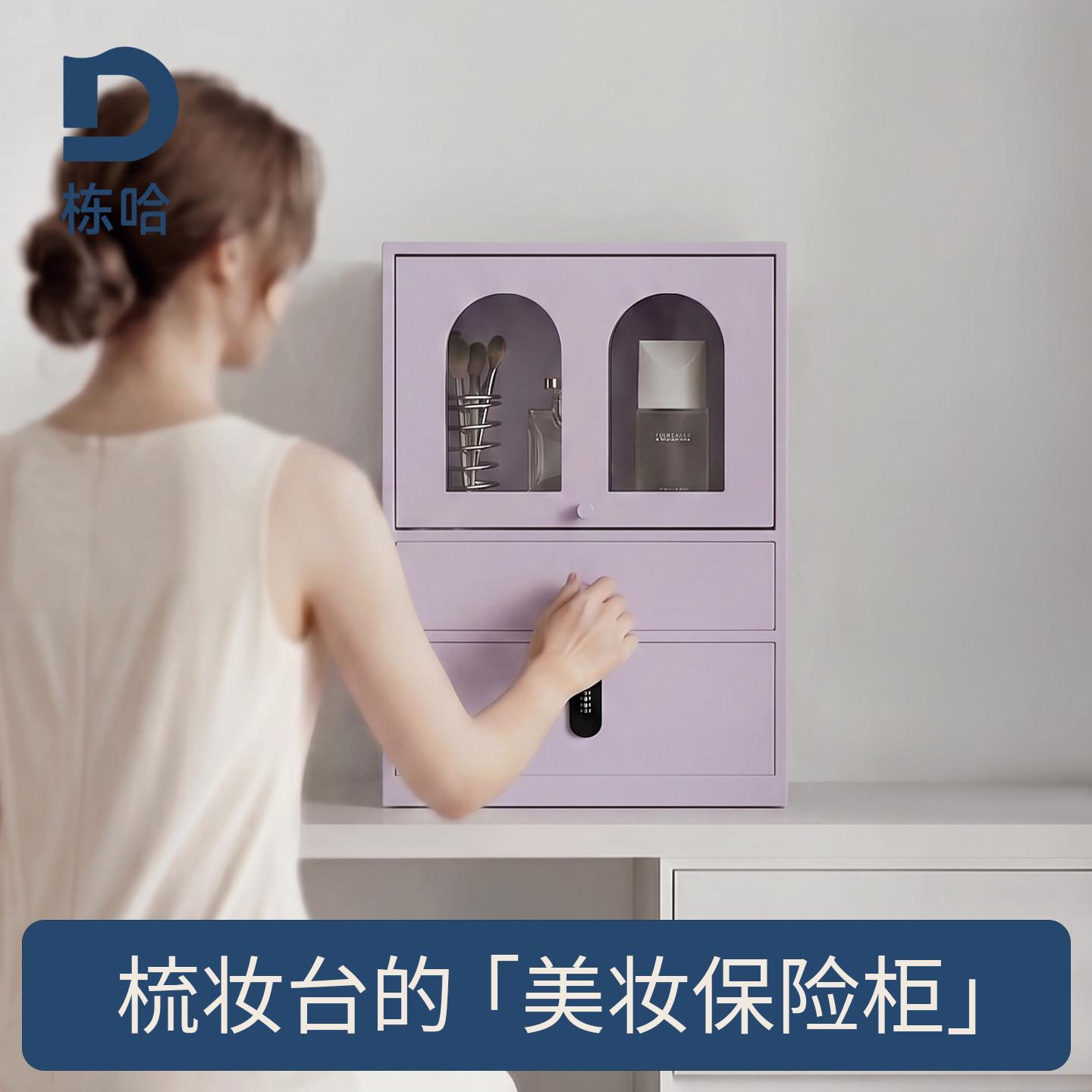 栋哈化妆品收纳盒台面高级感防尘专用化妆台桌面铁皮柜带锁收纳柜
