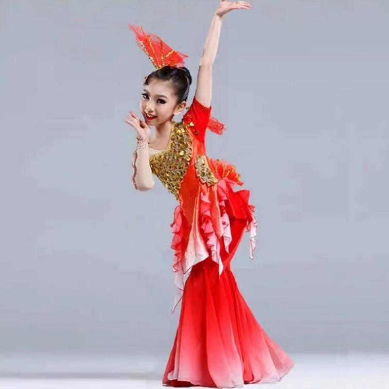 新款鱼儿欢歌儿童演出服古典唧唧鱼儿跃舞蹈服傣族美人鱼表演服