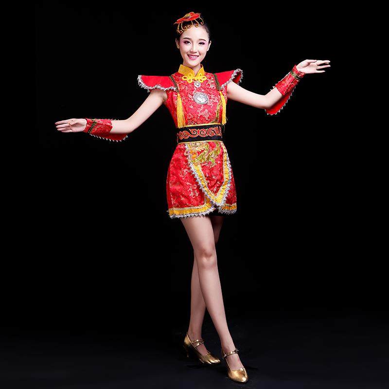 高档鼓乐服装中国风舞壮民锣鼓族蹈服装现代女雄成人水鼓舞服装