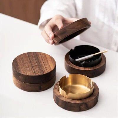 Walnut Wood Ashtrays With Lid Covered Windproof Ashtray