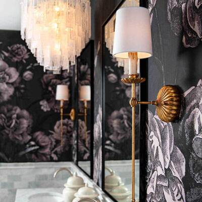 式复古木雕美花客厅壁灯布艺灯罩旧卧室床头灯电做视837背景碎墙