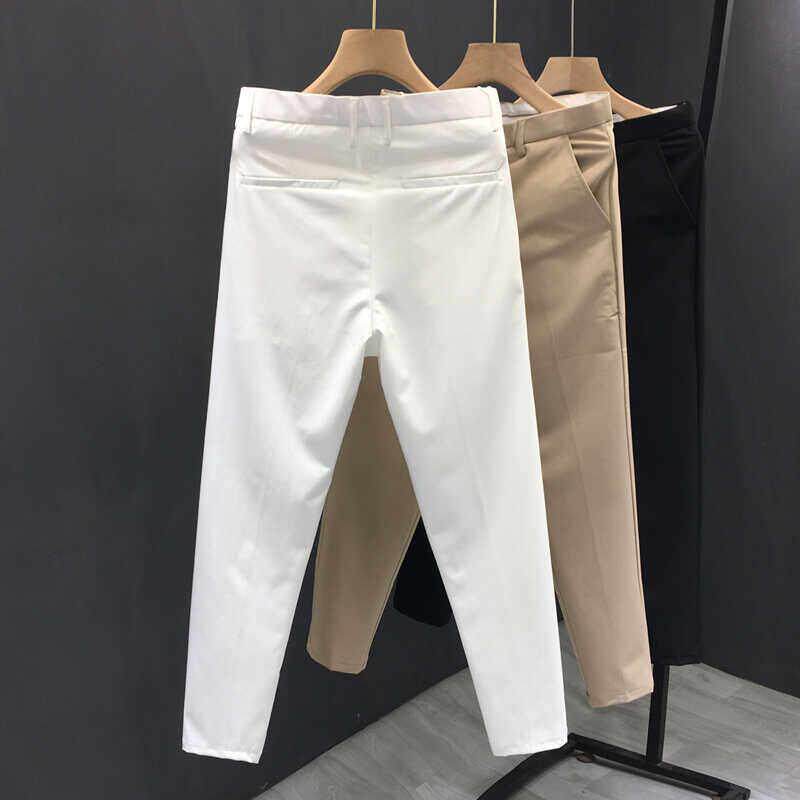 欧洲站男士白色西裤夏季薄款弹力修身直筒九分裤商务百搭休闲裤潮