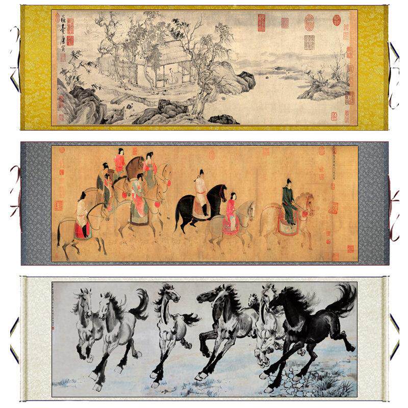古今名画画卷、绢画、旗帜、中殿画、绢画、宣纸、水墨画均可定制