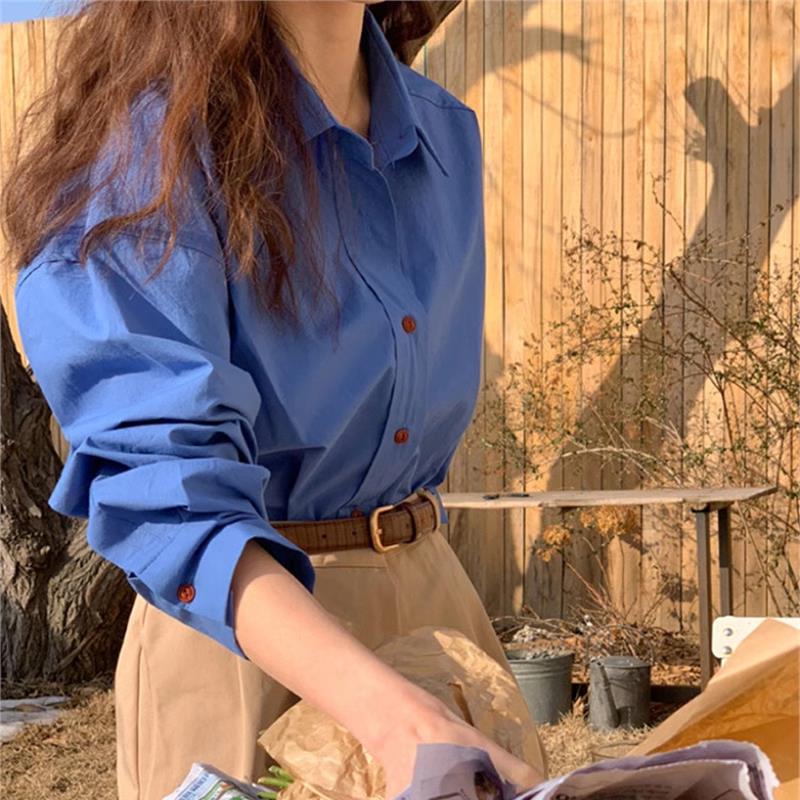 克莱因蓝色衬衫女2025春季高级设计小众复古韩版宽松衬衣服美拉蓝