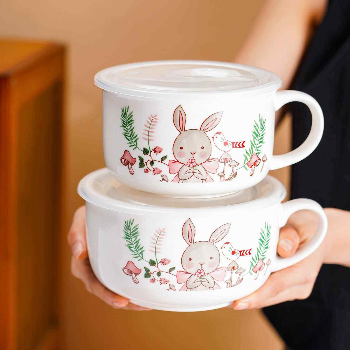 陶瓷泡面碗带盖带把手密封碗可微波炉高颜值学生宿舍碗手柄便当盒,餐饮具,泡面碗,淘宝优惠券,粉丝福利购,淘宝优惠卷