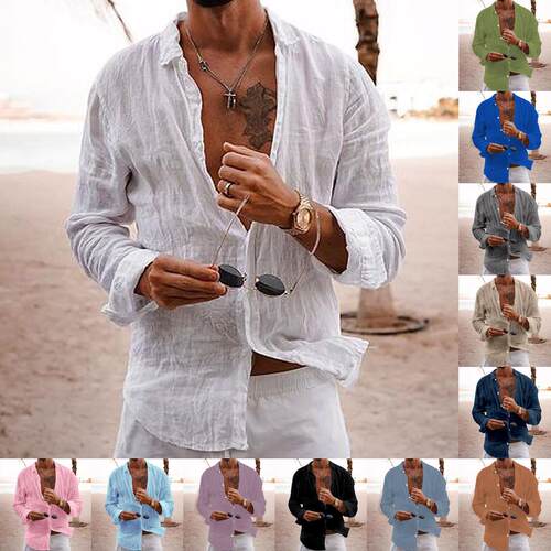 Men's single collar cotton linen long sleeved shirt