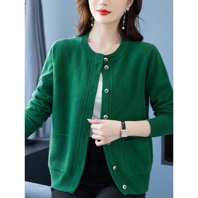 100纯羊毛开衫女2025秋季新款圆领宽松外套中年妈妈加厚针织毛衣