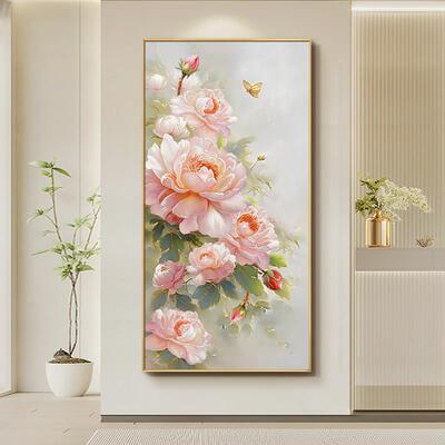 网红现地代轻奢牡花油画入户关装画新中式走廊过玄道丹挂画客厅饰