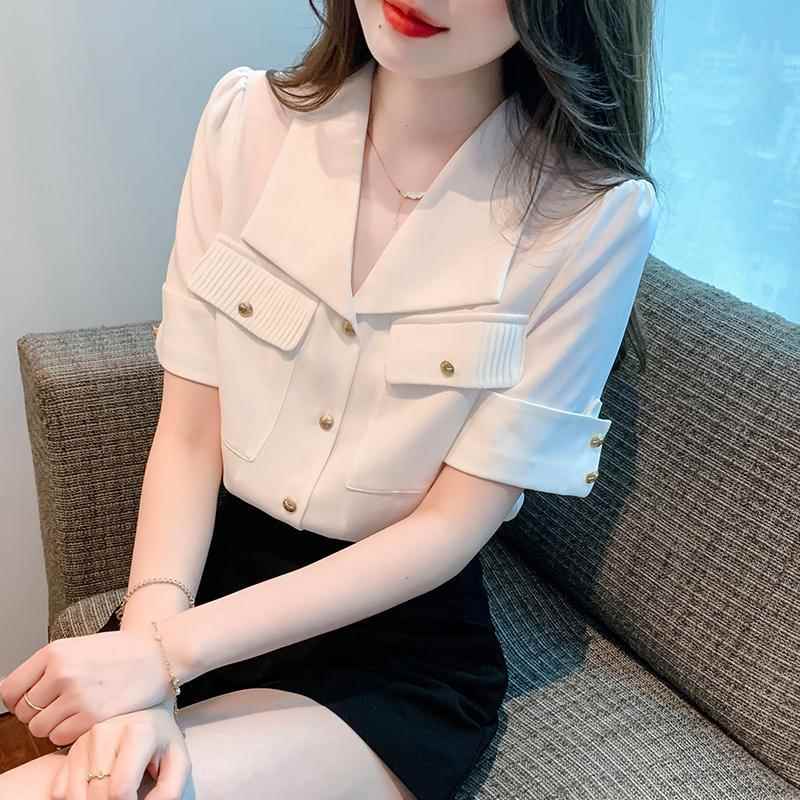 香港TIMO法式翻领短袖雪纺衬衫女夏季职业通勤上衣高级设计感衬衫