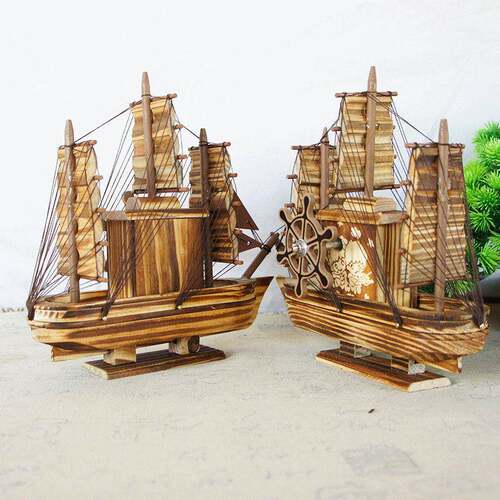 帆船摆件一帆风顺艺术个性八音盒装饰木制熏黑船805工艺音乐手工