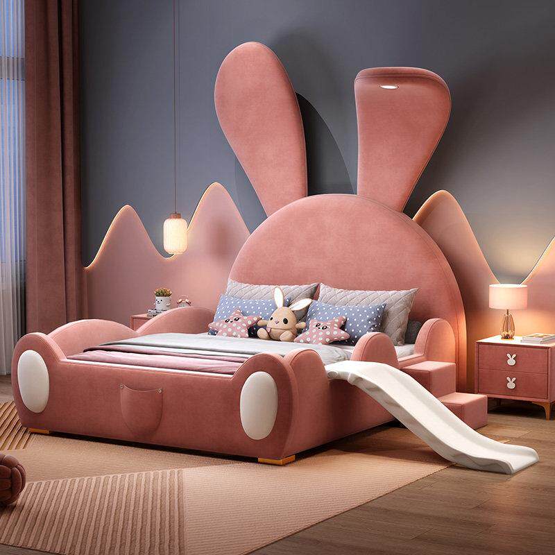 粉色儿童床女孩卡通公主床兔子床带护栏滑梯单人床绒布艺实木床