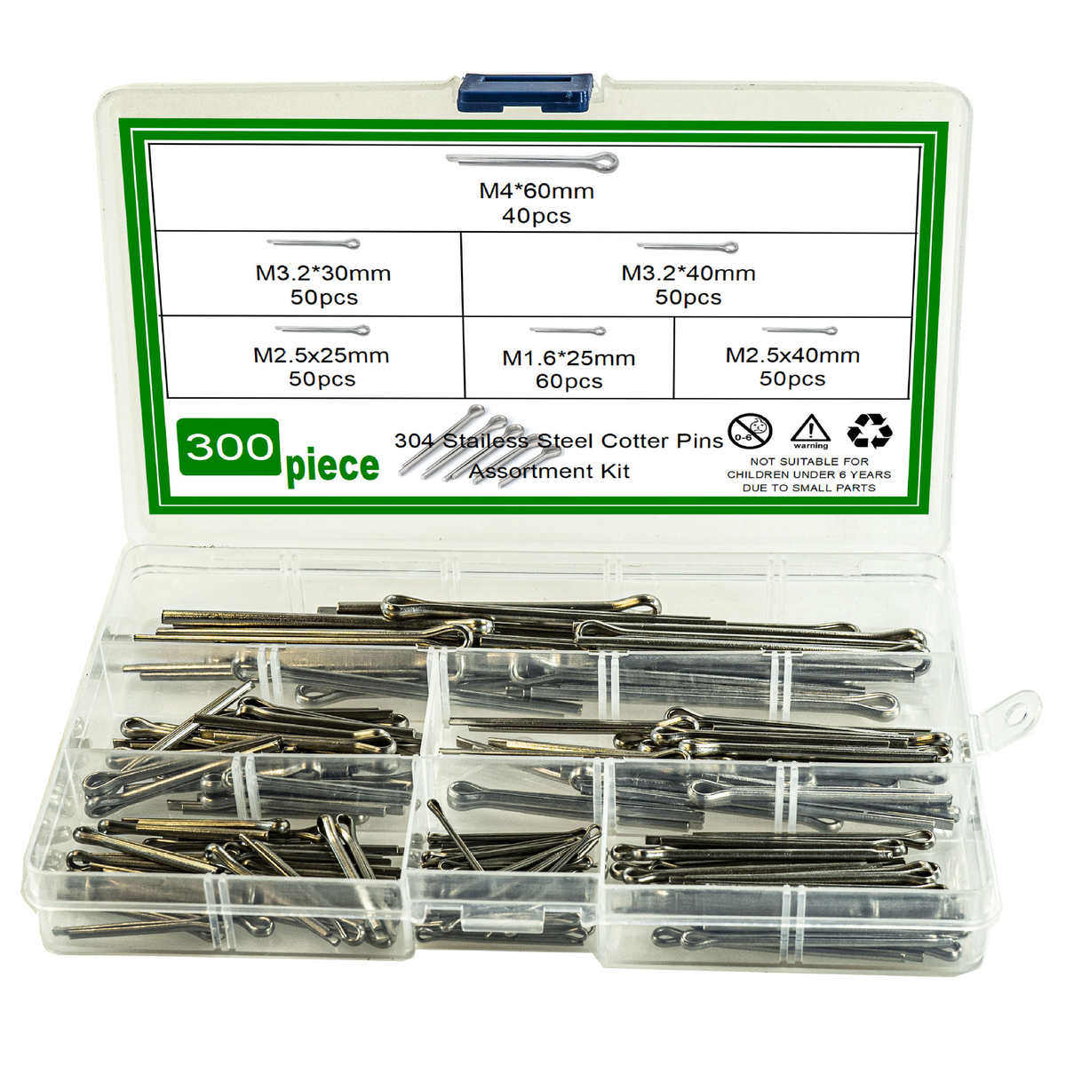 300pcs开口销插销套装 304不锈钢卡销发夹销U型销盒装M1.6-M4