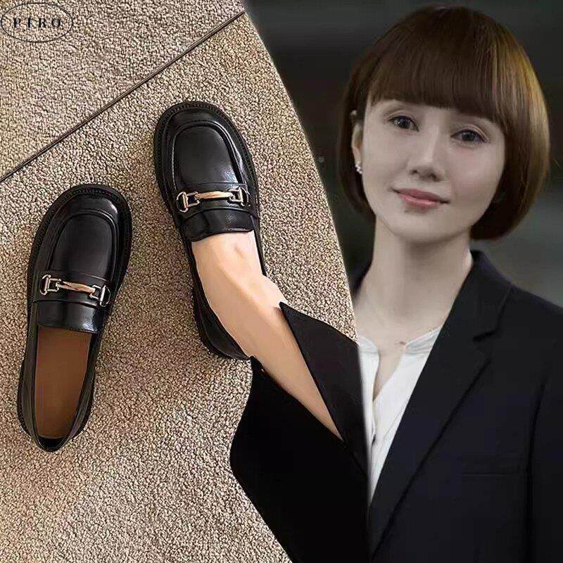 真皮乐福鞋女2025春秋季新款英伦风小皮鞋黑色平底豆豆鞋百搭单鞋