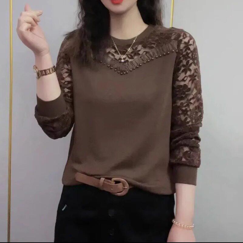 蕾丝长袖T恤女春秋新款时尚洋派减龄百搭女士内搭外穿打底衫上衣