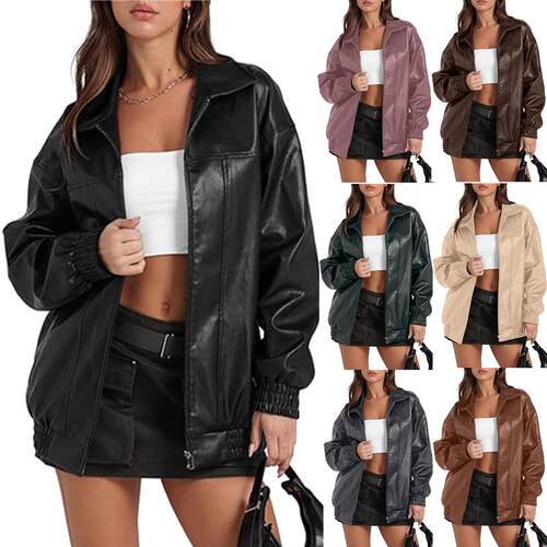 Danedvi Women's Faux Leather Oversized Long Sleeve Bomber