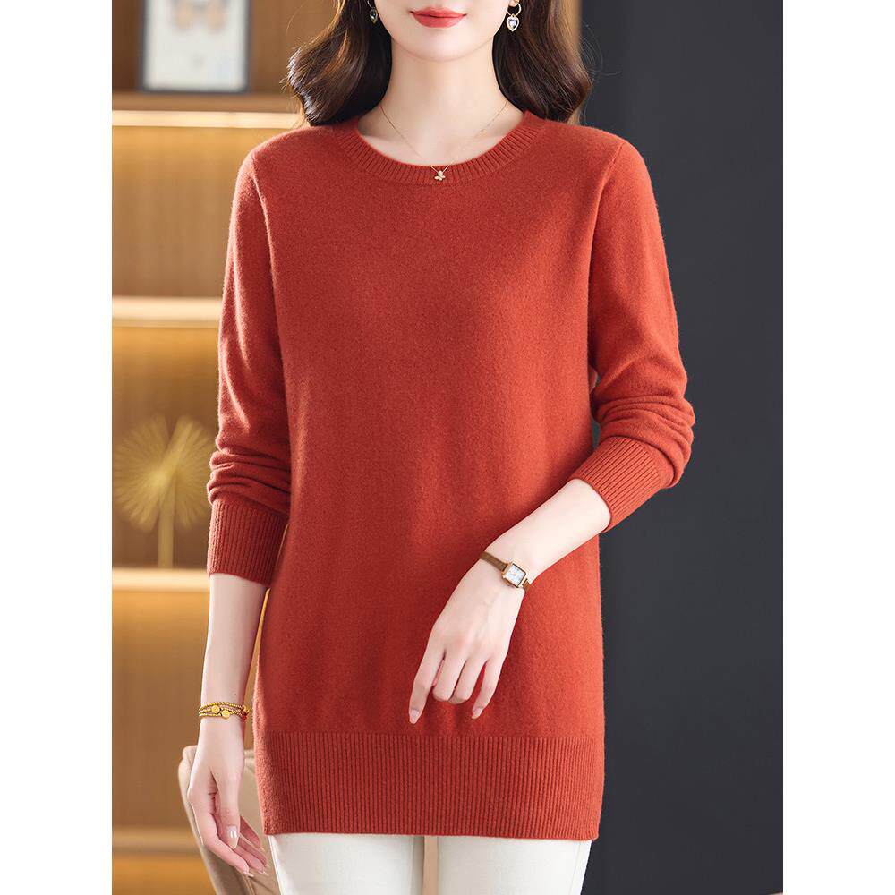 100%纯羊毛圆领中长款针织连衣裙女秋冬宽松大码上衣百搭毛衣外搭