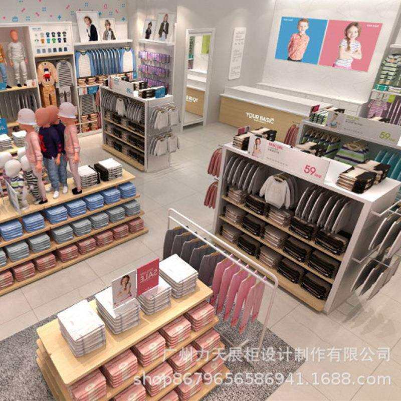 休闲服装店陈列柜厂家定 制 童装折扣店高柜 服装烤漆中岛展台