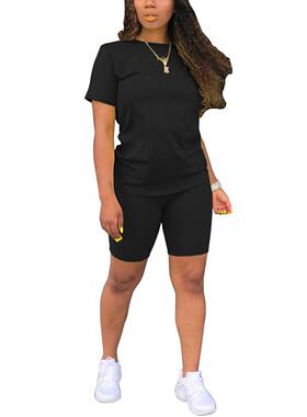 Women'S Solid Two-Piece Set – Casual Round Neck Tee &,