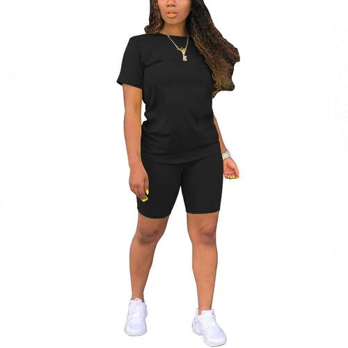 Women'S Solid Two-Piece Set – Casual Round Neck Tee &,