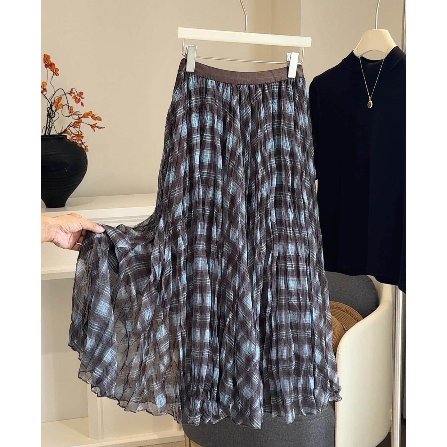 Elegant Vintage Long Plaid Skirt, High-Waisted A-Line Design图片
