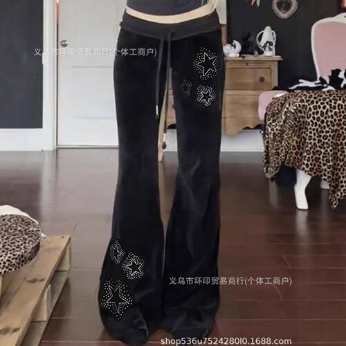 Women's Star Pattern Rhinestones Veet Pants Y2k Style