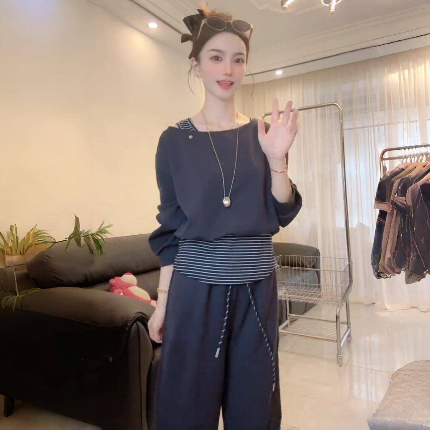 极速慵懒风休闲运动套装女韩版高级感假两件斜肩上衣阔腿裤显瘦两