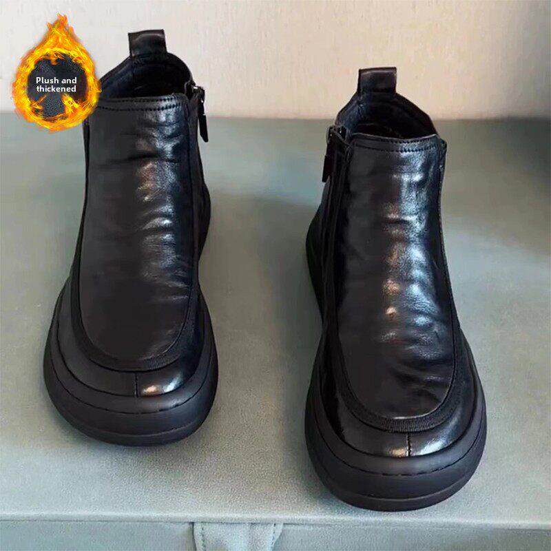 靴子男士夏季2025新天鹅绒棉鞋休闲男士皮鞋真皮高帮软底鞋男士