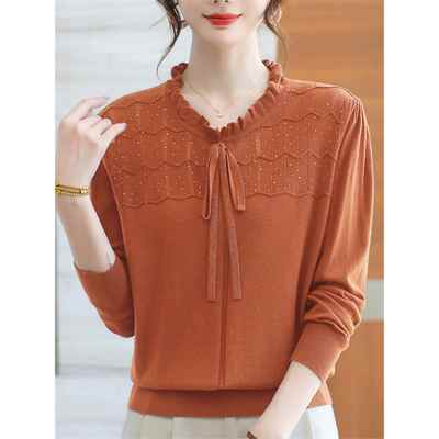 秋装中年妈妈蕾丝长袖t恤女宽松大码洋气桑蚕丝针织薄款上衣小衫