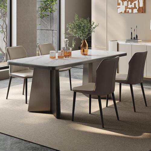 国补岩板餐桌意式轻奢现代简约长方形家用小户型饭厅不锈钢饭桌