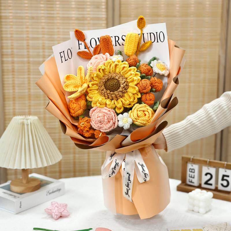 手工针织向日葵毛线 线花彷真玫瑰混搭花束创意生日礼物送女闺蜜