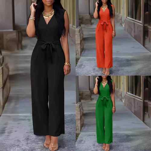Women's V-neck wide leg jumpsuit sleeveless waistband