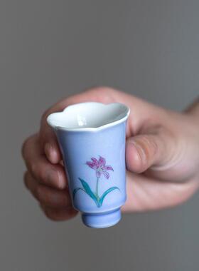 优茶道紫色手绘兰花主人闻香杯葵口陶瓷功夫聚香杯品茗杯单杯茶杯
