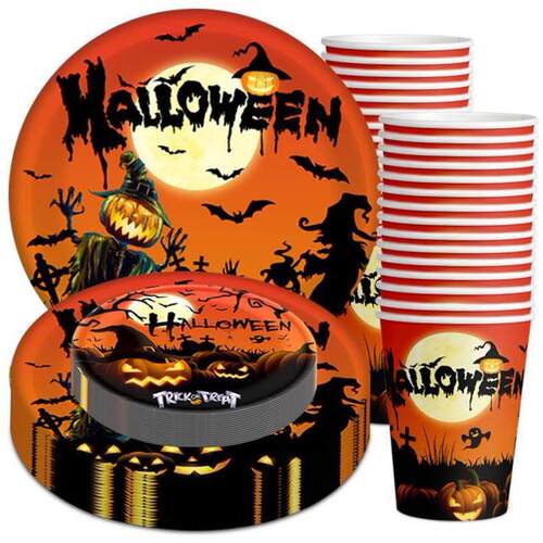 Halloween party paper cups paper plates pumpkin bat cutlery