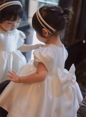一周岁礼服女童生日公主裙百搭洋派花童婚礼小女孩宴会白色蓬蓬裙