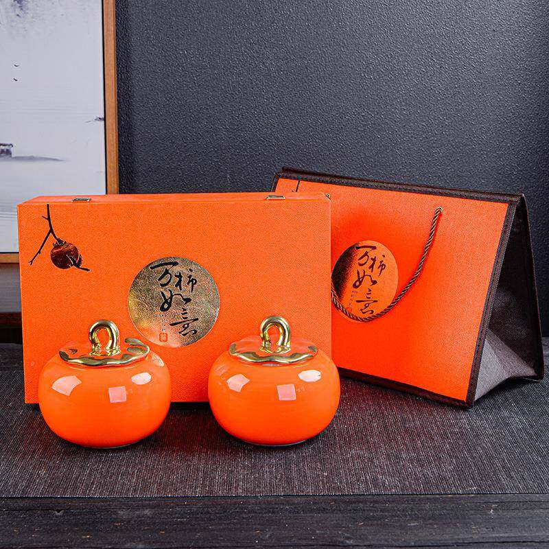 创意万事如意大号茶叶罐子家用商务仿真柿子瓷罐高档礼盒陶瓷礼品