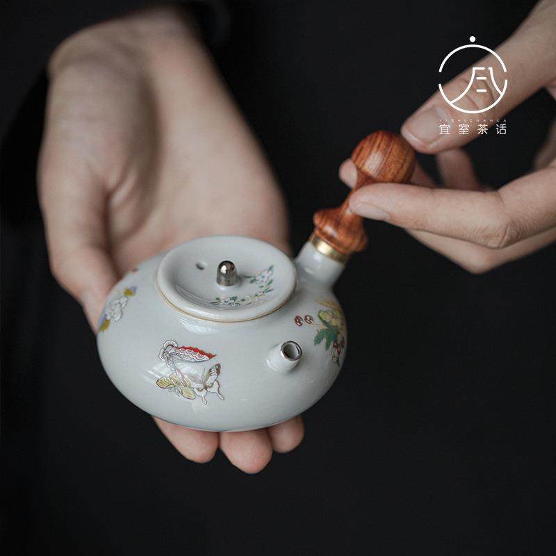 仿古陶瓷侧把壶文人器胡桃木手柄手执小品壶家用泡茶壶