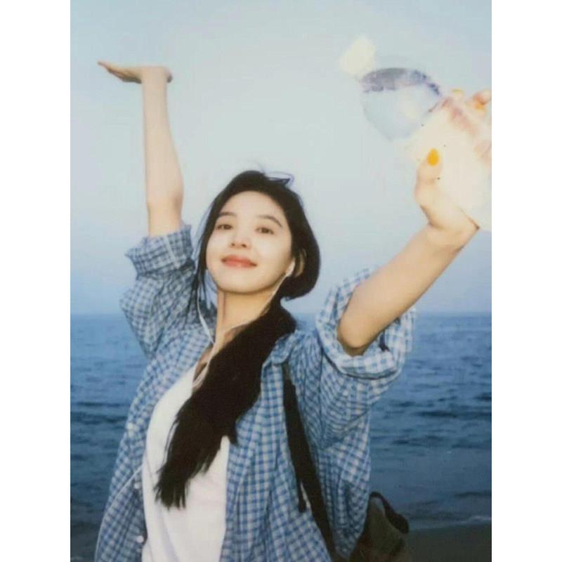 韩国EGG JRG蓝色格子衬衫女宽松慵懒风长袖薄款防晒罩衫衬衣外套图片
