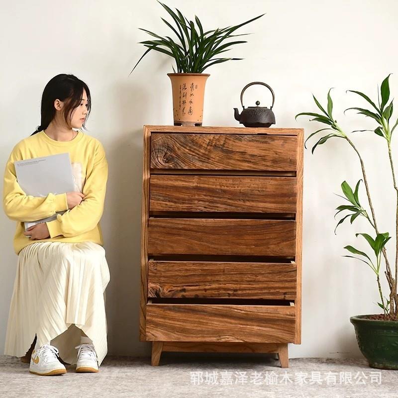 榆木木斗柜全实木卧室家具简约现代实木原木色储物五斗柜收纳柜