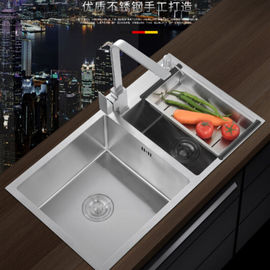 加厚手工水槽双槽不锈钢大单槽厨房洗菜盆洗碗池套餐台上下盆72*4