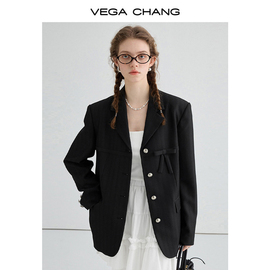 VEGA CHANG黑色小西装女2024年春季高级感暗纹蝴蝶结西服外套