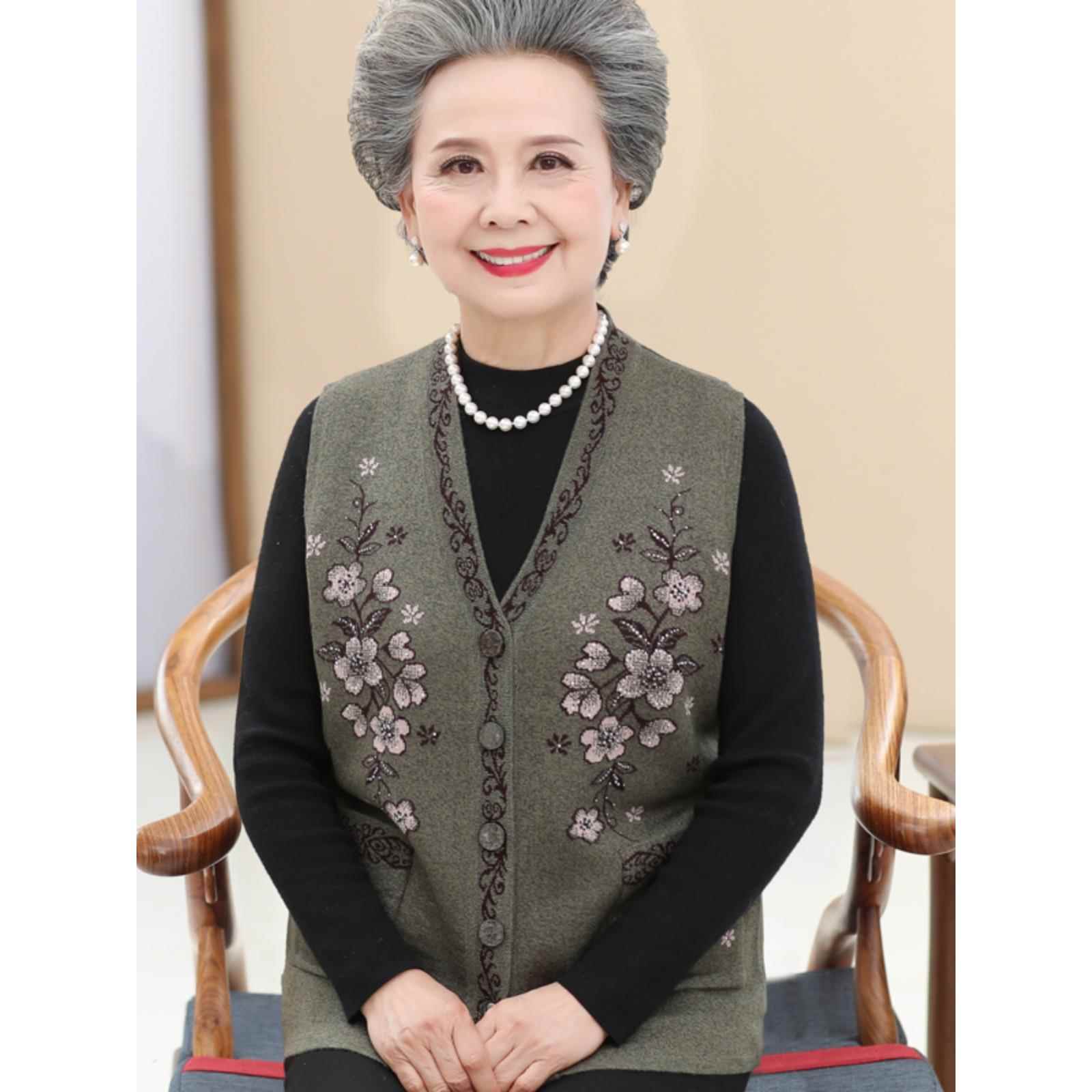 高档老年人羊毛衣马甲女妈妈太太春秋冬内搭背心奶奶秋装外穿马夹