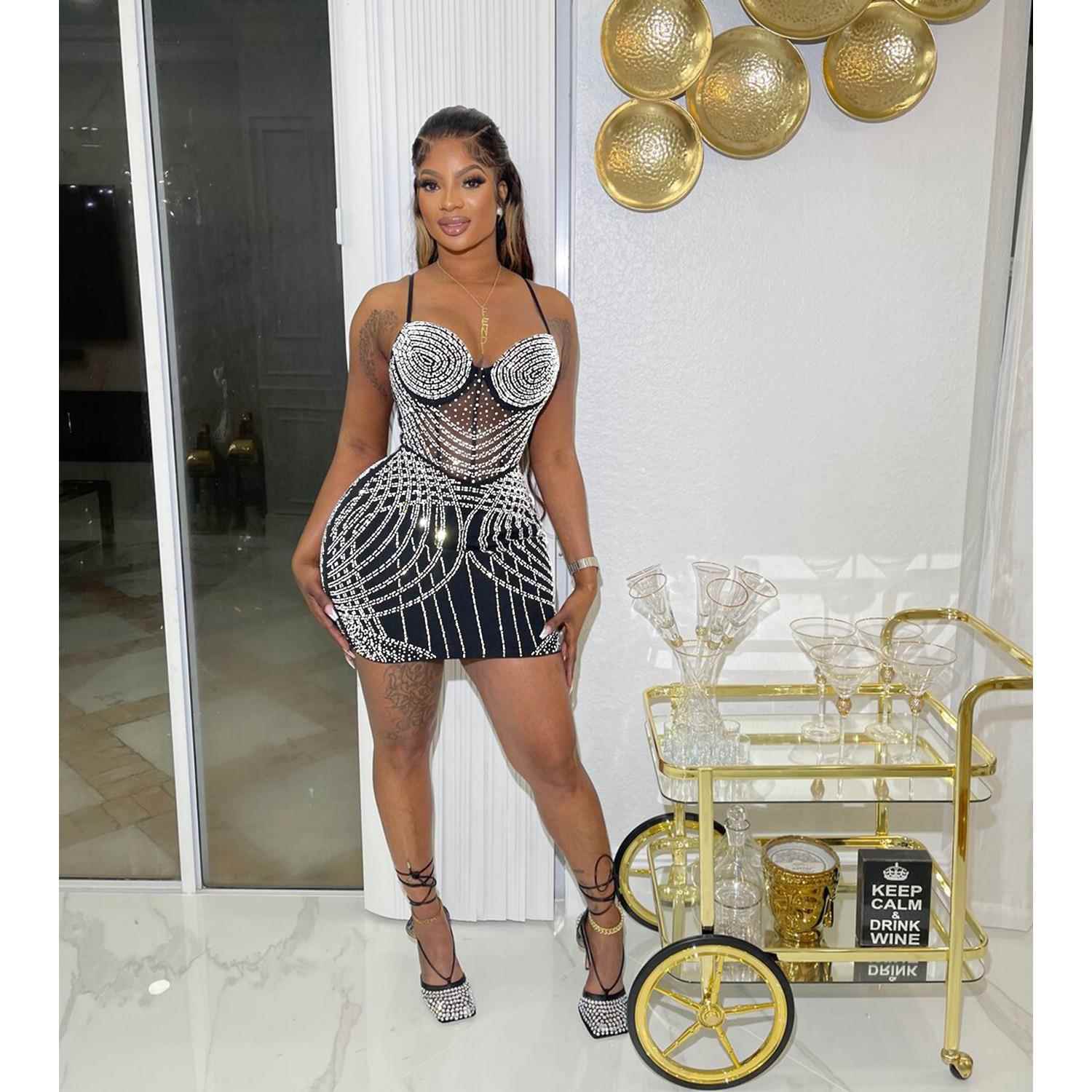 Fashion womens solid color mesh hot diamond suspender skirt