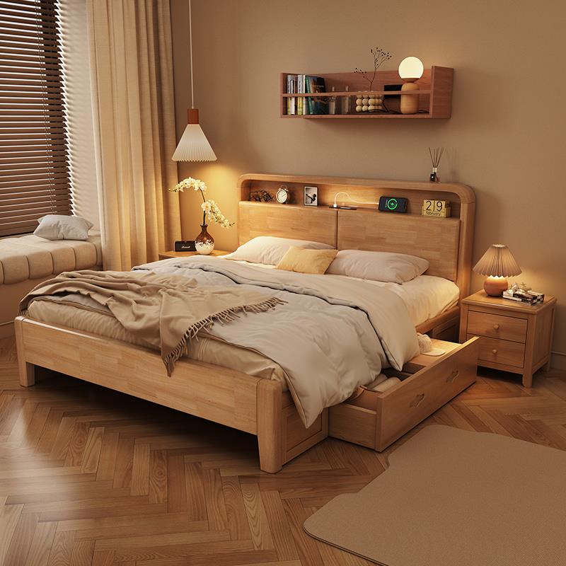 实木床全实木1米8双人床1米2单人床1米5的床家用简约原木色橡木床