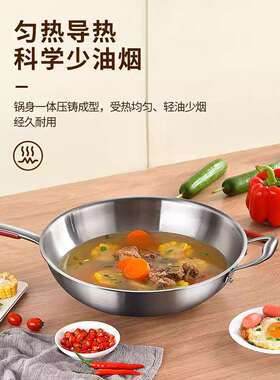 家用不锈钢锅炒锅涂层平面炒无菜锅电磁不炉QM-SCG-0适用平底钢炒