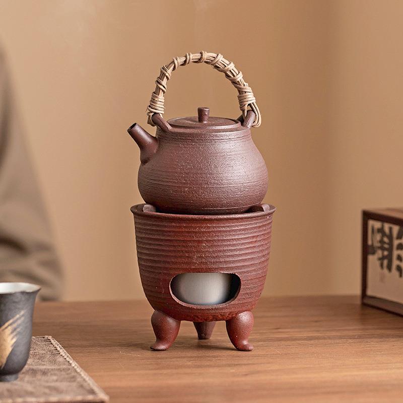 粗陶红泥煮茶套组家用复古茶壶温茶炉炭烧酒精蜡烛加热保温煮茶器