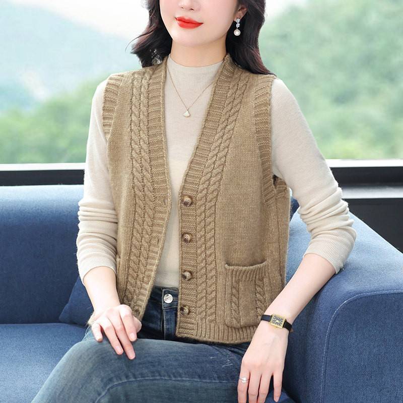 2024春装新款无袖外搭背心开 衫女短款小披肩外套羊毛衫口袋螺纹