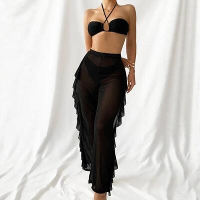 Womens 3Pcs Criss Cross Cut Out Halter Tie Back Bikini Top &